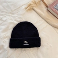 Dark blue ribbed knit beanie with fox embroidery patch for warm autumn and winter styling - Navy Blue