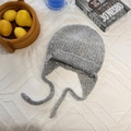 Light gray mohair blend knitted earflap hat with long ties on white textured background - 56-59cm / Light Gray
