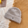Grey distressed knit beanie with R letter embroidery and warm winter ear protection - 56-59cm / Light Gray