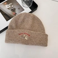 Brown ribbed knit beanie with red Lucky Pipi embroidery and yellow cartoon detail - 56-62cm / Khaki