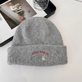 Grey knitted beanie with red Lucky Miriegg embroidery and folded cuff for women - 56-62cm / Gray