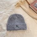 Blue knitted fox embroidery beanie featuring vintage distressed details and ear protection - Light Gray