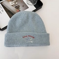 Light blue ribbed knit beanie with red Lucky PiPiegg script embroidery for winter - 56-62cm / Blue