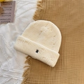 Distressed cream knitted beanie with R letter embroidery and warm thermal ribbing - 56-59cm / Off-white