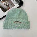 Mint green knit beanie with Lucky Pipiegg embroidery and puppy patch for autumn - 56-62cm / Fruit Green