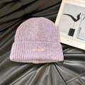 Lavender knitted beanie with leather patch on black leather background for winter - 56-62cm / P Purple