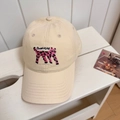 Beige cotton baseball cap with leopard cat embroidery and blue OAWHOO text detail - 56-58cm Adjustable / Beige Khaki
