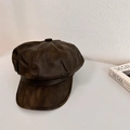 Vintage brown PU leather newsboy cap with distressed texture and classic button top - 56-58cm / Brown