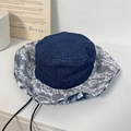 Dark blue denim bucket hat with white lace trim and adjustable black drawstring strap - 56-58cm / Dark Blue