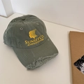 Distressed olive green baseball cap with yellow embroidery and vintage street style - 56-58cm (Adjustable) / Grass Green