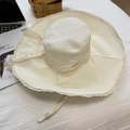 Plaid lace bow wide brim sun hat for women in cream white with adjustable strap - 56-58cm / Beige