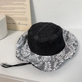 Dark gray denim bucket hat with white floral lace brim and adjustable windproof strap - 56-58cm / Black