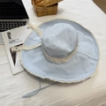 Blue and white plaid sun hat with lace trim and adjustable windproof strap - 56-58cm / Blue