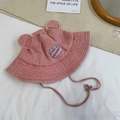 Sombrero de pescador rosa de mezclilla para niños con orejas de oso y cordón ajustable - 56-58cm / Rosa