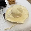 Summer yellow plaid sun hat with wide brim, delicate lace trim and matching wind rope - 56-58cm / Yellow