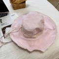 Pink and white checkered wide brim sun hat with delicate lace trim and adjustable strap - 56-58cm / Pink