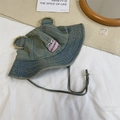 Sombrero de pescador retro denim azulado con orejas de oso, parche de gato y cordón - 56-58cm / Azul Vintage