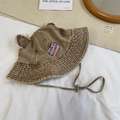 Khaki denim bucket hat with cute bear ears, pink cat patch and adjustable wind strap - 56-58cm / Khaki