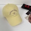 Pale yellow baseball cap with purple floral embroidery and distressed vintage brim detail - 56-58cm Adjustable / Yellow
