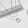 Minimalistische S925 sterling zilveren dubbele ketting met kralen en geometrische cirkel - 925 zilver / Wit