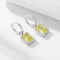 Elegant 925 sterling silver hoop earrings with a yellow rectangular zircon pendant charm - 925 Silver / White