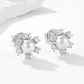 Elegant S925 sterling silver pearl earrings with snowflake zircon accents on white background - 925 Silver / White