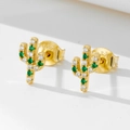Minimalistische S925 Silber Kaktus Ohrstecker mit grünen Zirkonia Steinen besetzt - 925er Silber / Gold