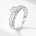 Anillo doble de plata S925 con piedra de circón grande y banda brillante para mujer - US 6 / Plateado