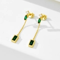 S925 silver emerald zircon tassel earrings with 18K gold chain and green gemstone drops - 925 Silver / Yellow