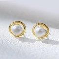 Elegant round natural pearl stud earrings with minimalist gold circular silver frame - 925 Silver / Yellow