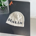 Bonnet en maille blanc cassé avec lettrage Matin noir pour femme, style d'hiver chic - 56-59cm / Beige