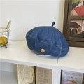 Classic blue denim beret with gold metal button detail on a white minimalist shelf - 56-58cm / Medium Blue & White