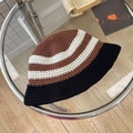 Handmade crochet striped bucket hat in black, brown, and white color block design - 56-58cm / Natural With Black Edge