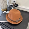 Caramel knit sun hat with brown ribbon bow, elegant round top bucket style for women - 56-58cm / Caramel color