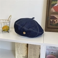 Dark blue denim beret hat with contrast white stitching and side metal button accent - 56-58cm / Dark Blue