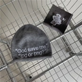 Dark gray knitted beanie with white letter embroidery in an industrial style basket - 56-60cm (Elastic) / Gray
