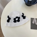 Bob au crochet fait main avec motif de fleurs noires sur tissu tricoté blanc - 56-58cm / Blanc