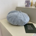 Light blue washed denim beret with silver pin detail on a stylish minimalist surface - Light Blue - Pin Ornament / Light Blue