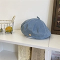 Blue denim beret hat for women with a vintage top handle and a gold side button detail - 56-58cm / Light Blue