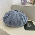 Blue washed denim beret featuring a silver planet emblem and retro distressed texture - Medium Blue - Planet Logo / Medium Blue & White
