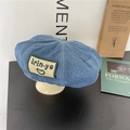 Blue denim beret with white contrast stitching and heart embroidery on top stand - Medium Blue & White