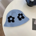 Hellblauer Strick-Fischerhut mit schwarzem Blumenmuster für Damen im Sommer - 56-58cm / Blau