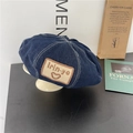 Dark blue denim beret with vintage bear patch and white contrast stitching detail - Dark Blue