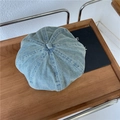 Light blue washed denim beret for women with classic octagonal stitching on wooden tray - 56-59cm / Light Color