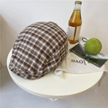 Vintage red and black plaid cotton beret cap with retro fabric label on white table - 56-58cm Adjustable / Beige Khaki