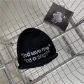 Black knitted beanie featuring white God save me embroidery in street fashion style - 56-60cm (Elastic) / Black
