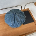 Japanese style light blue denim newsboy cap with vintage metal plate on wood tray - 56-59cm / Dark Color