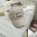 Beige Vintage Baseballkappe im Distressed-Look mit Happy Camper Patch auf Bettwäsche - 58-62 cm / Beige-Khaki