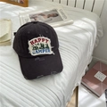 Vintage black washed denim baseball cap with Happy Camper embroidery on white bedding - 58-62cm / Dark Gray