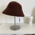 Dark brown lamb wool bucket hat with fluffy texture and decorative black tie string - 56-59cm / Brown